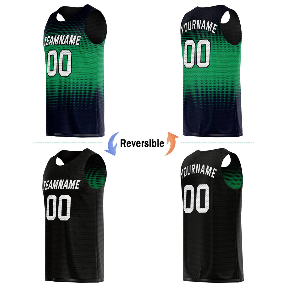 Custom Reversible Basketball Jersey & Shorts Set for Individuals & Teams – Green Navy Black White Dot Gradient | Vosoli