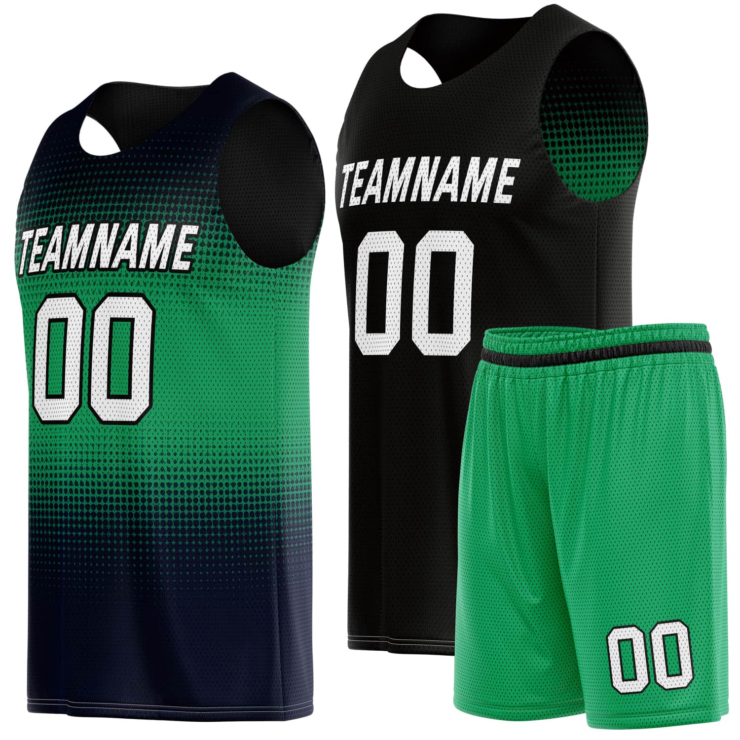 Custom Reversible Basketball Jersey & Shorts Set for Individuals & Teams – Green Navy Black White Dot Gradient | Vosoli