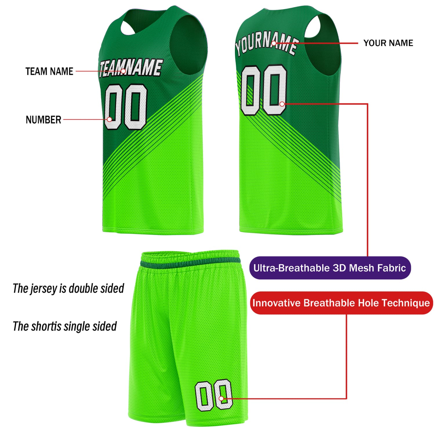 Custom Reversible Basketball Jersey & Shorts Set for Individuals & Teams – Green Neon | Vosoli
