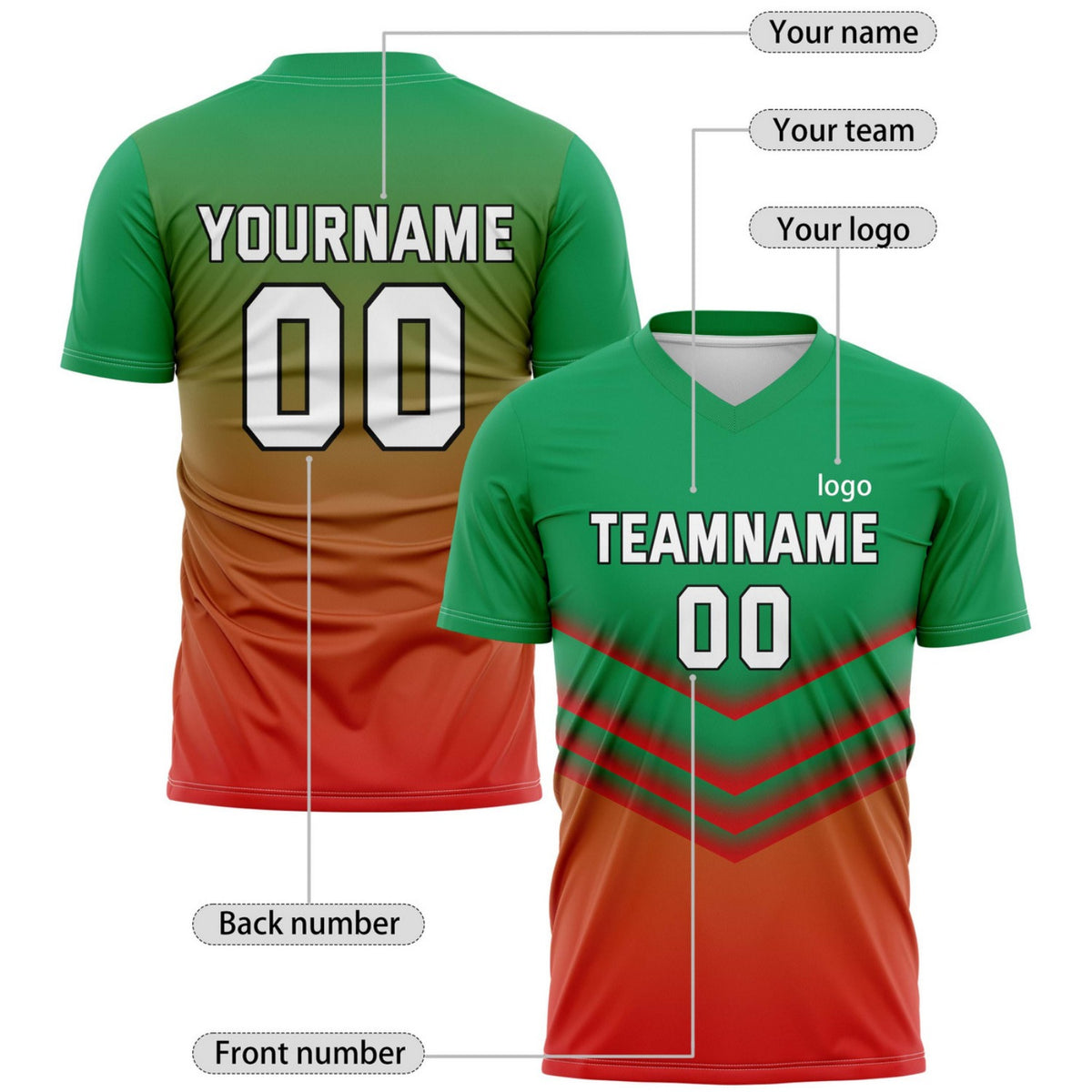 Custom Green-to-Red Gradient Soccer Jersey for Teams & Individuals | Vosoli