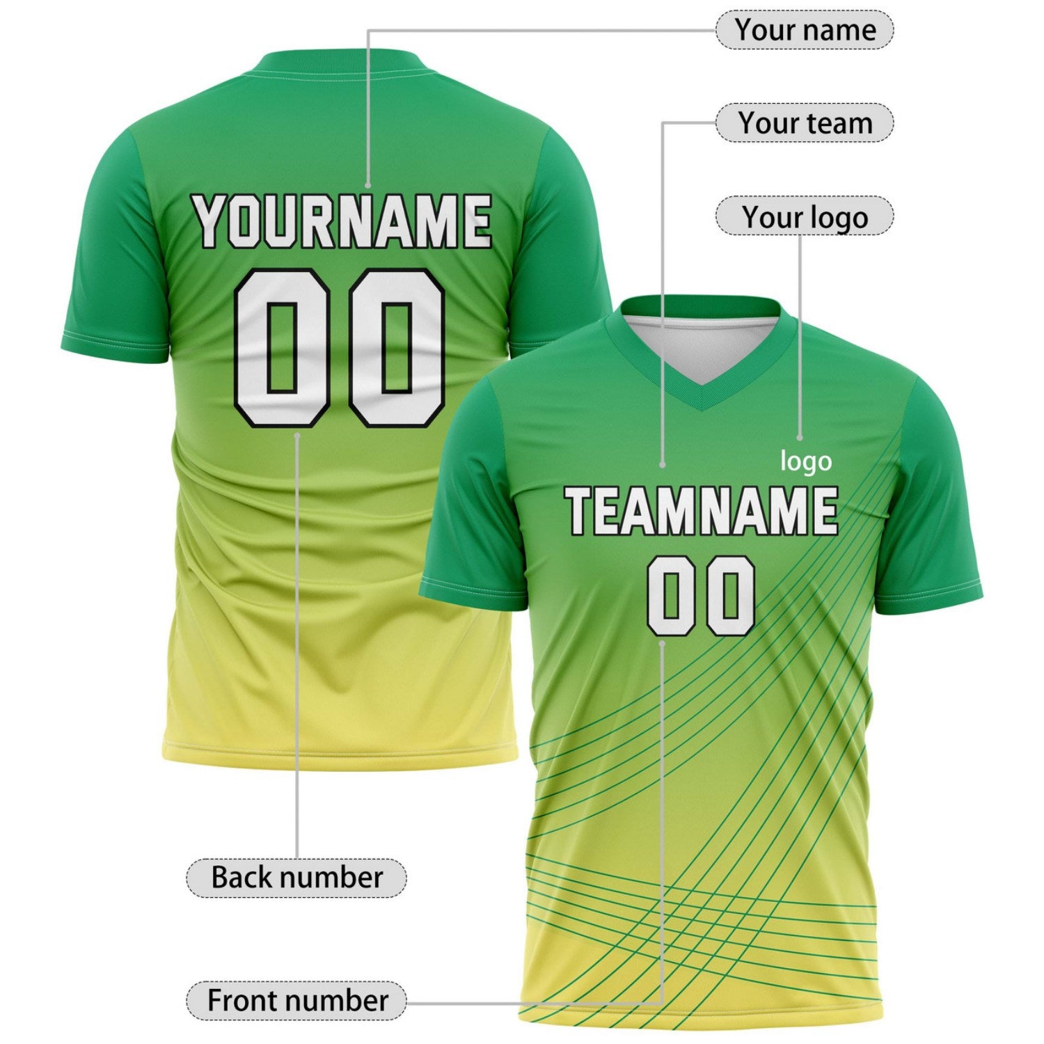 Custom Green-to-Yellow Gradient Soccer Jersey - Personalized Team Name & Player Number for Leagues | Vosoli
