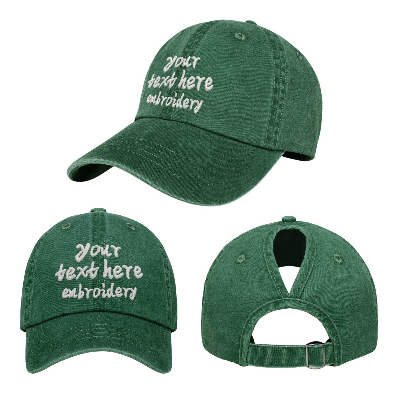 Vosoli Forest Green Washed Denim Women’s Ponytail Cap - Team Custom 3D Embroidery or Print Personalized Hat
