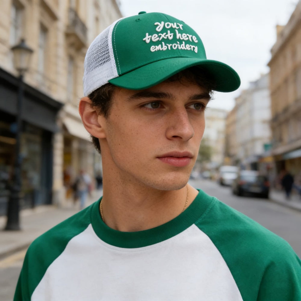 Vosoli Forest Green White Mesh Trucker Cap - Custom Embroidered Personalized Hat