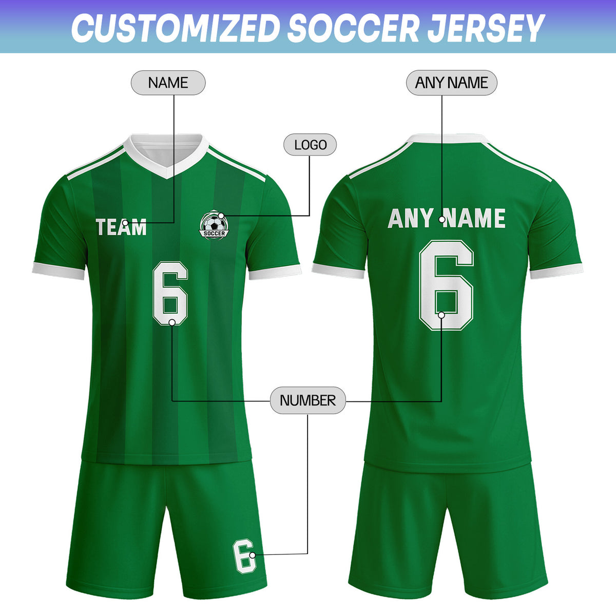 Custom Green & White Striped Soccer Uniform Set for Teams & Individuals | Vosoli