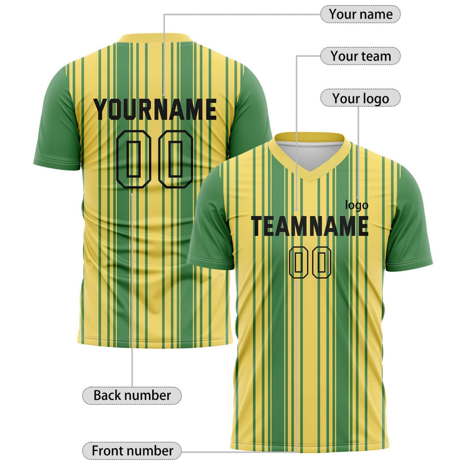 Custom Green & Yellow Vertical Stripe Soccer Jersey for Teams & Individuals | Vosoli