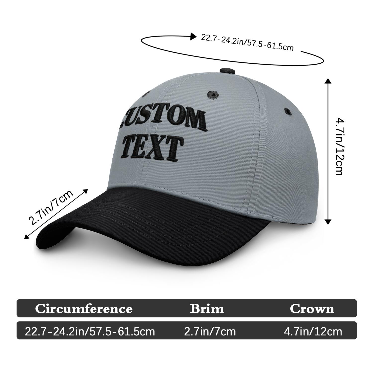Vosoli Grey Black Two-Tone Baseball Cap - Unisex Custom 3D Embroidery or Print