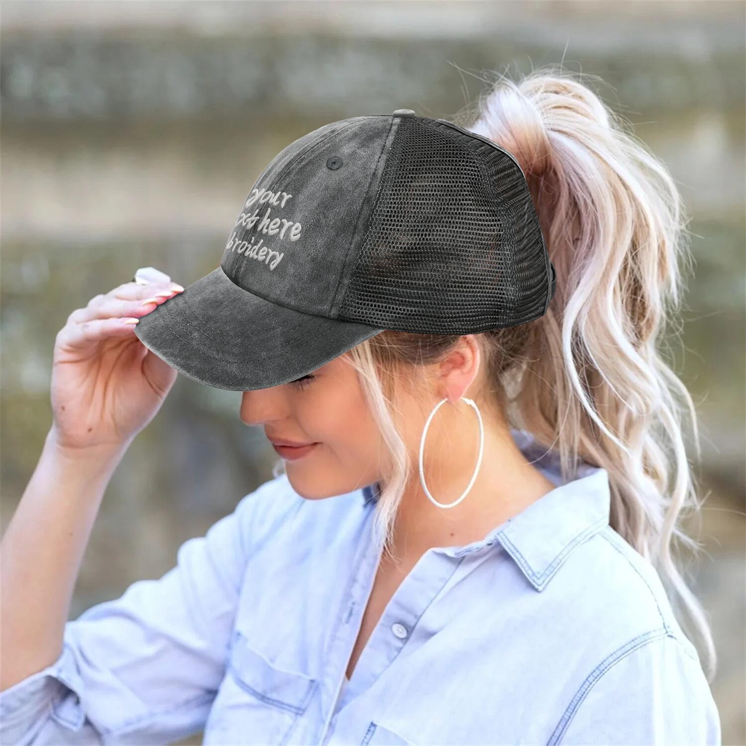Vosoli Grey Denim Mesh Women’s Ponytail Cap - Team Custom 3D Embroidery or Print Personalized Hat