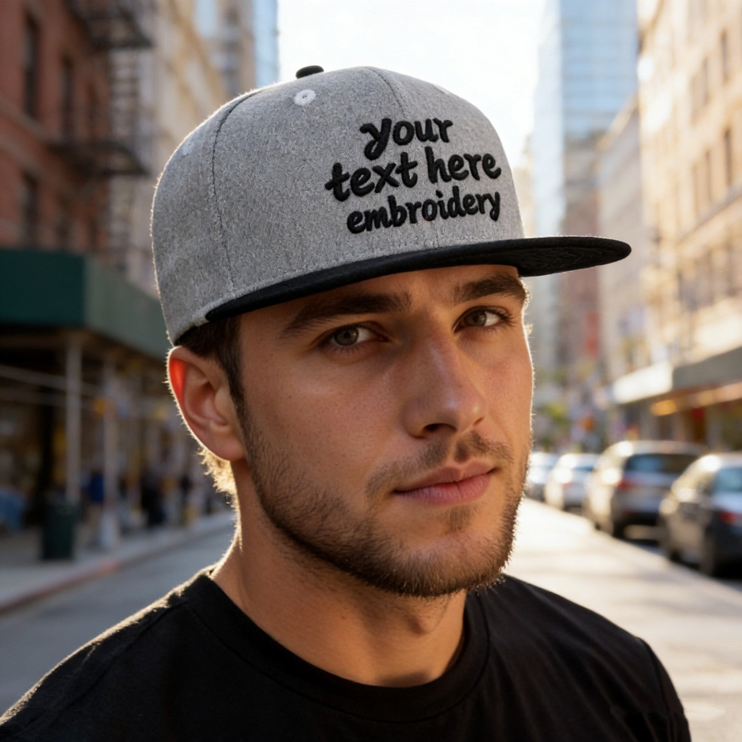 Vosoli Grey Black Flat Brim Cap - Team Custom Embroider or Print Personalized Hat