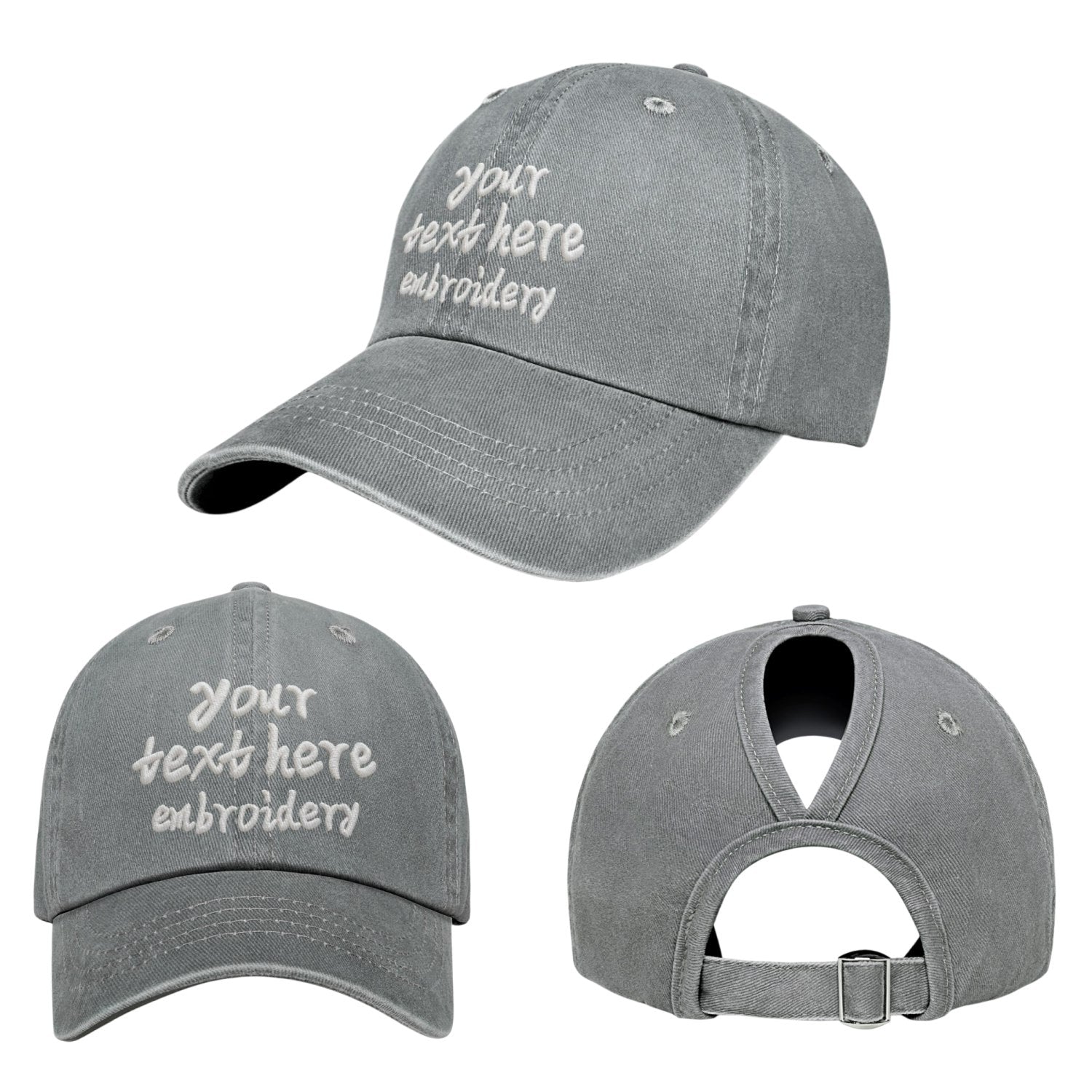 Vosoli Grey Washed Denim Women’s Ponytail Cap - Team Custom 3D Embroidery or Print Personalized Hats