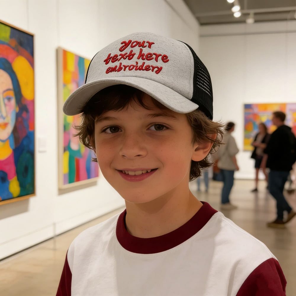 Vosoli Kids Heather Grey Black Mesh Trucker Cap - Custom Embroidered Personalized Children’s Hat