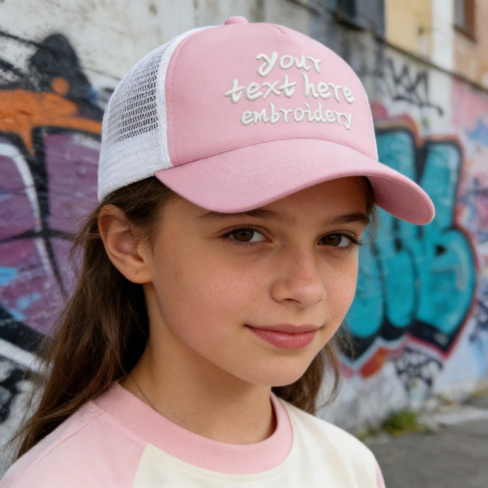 Vosoli Kids Pink White Mesh Trucker Cap - Custom Embroidered Personalized Children’s Hat