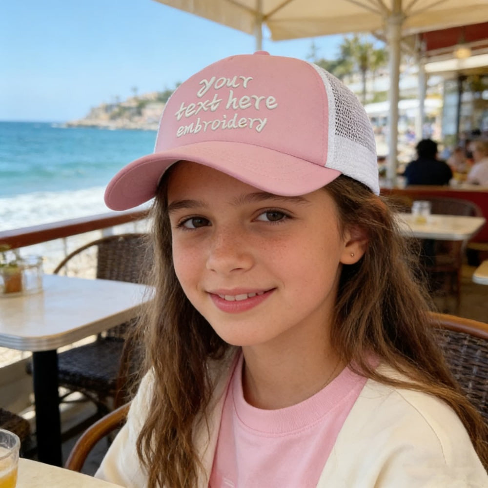 Vosoli Kids Pink White Mesh Trucker Cap - Custom Embroidered Personalized Children’s Hat