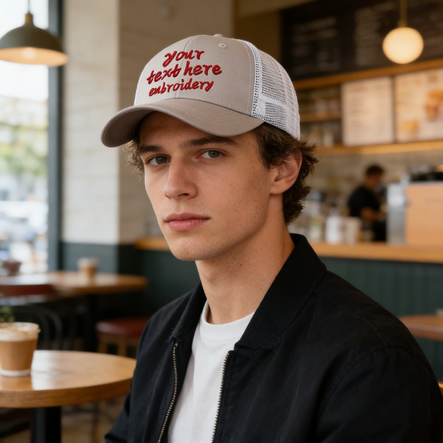 Vosoli Light Beige & White Mesh-Back Trucker Cap - Unisex Personal & Team Custom 3D Embroidery or Print Hat