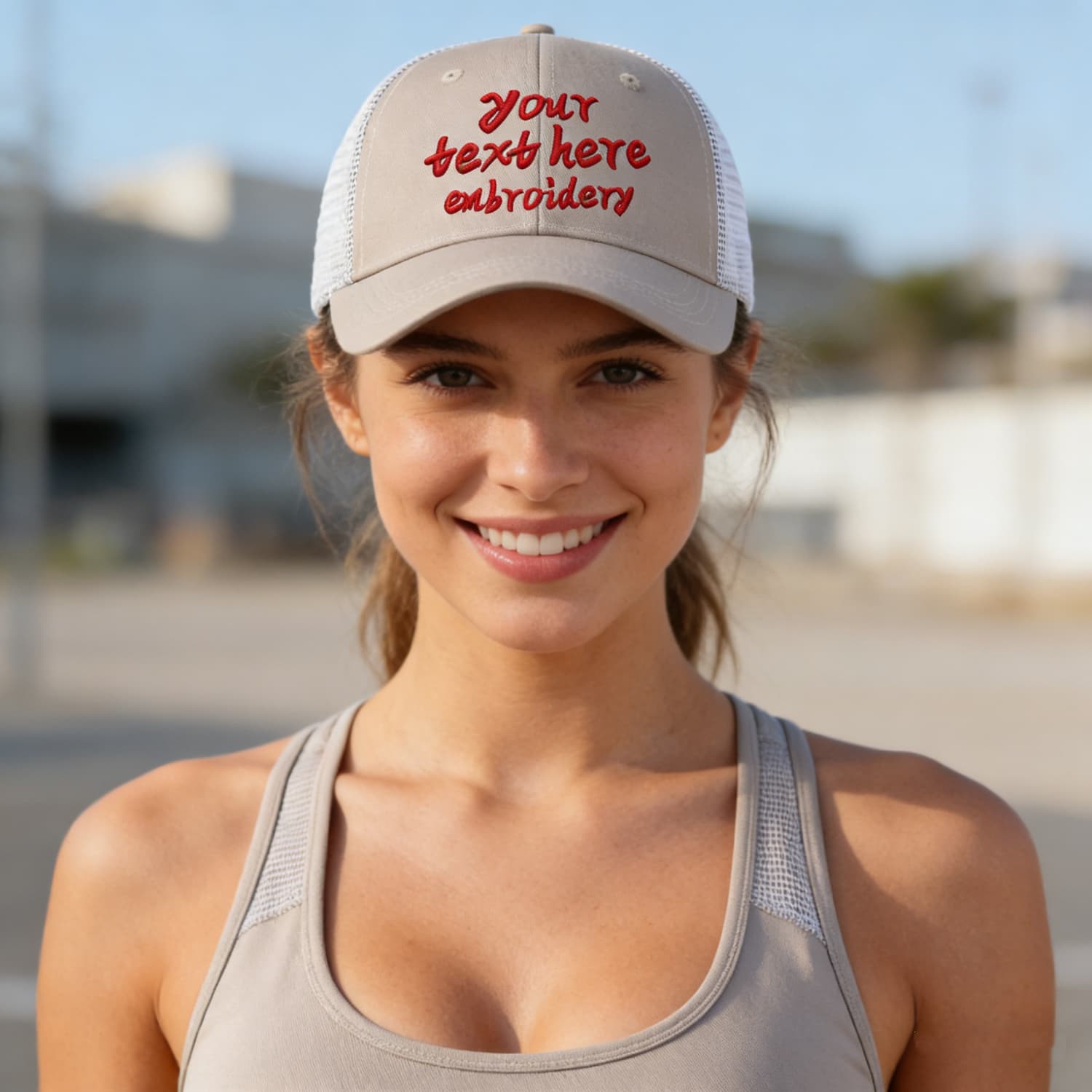 Vosoli Light Beige & White Mesh-Back Trucker Cap - Unisex Personal & Team Custom 3D Embroidery or Print Hat