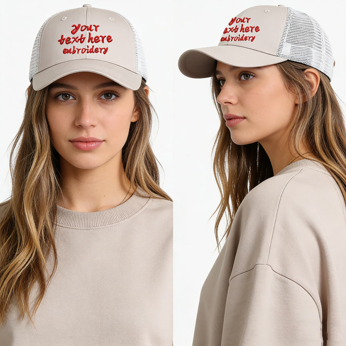 Vosoli Light Beige & White Mesh-Back Trucker Cap - Unisex Personal & Team Custom 3D Embroidery or Print Hat