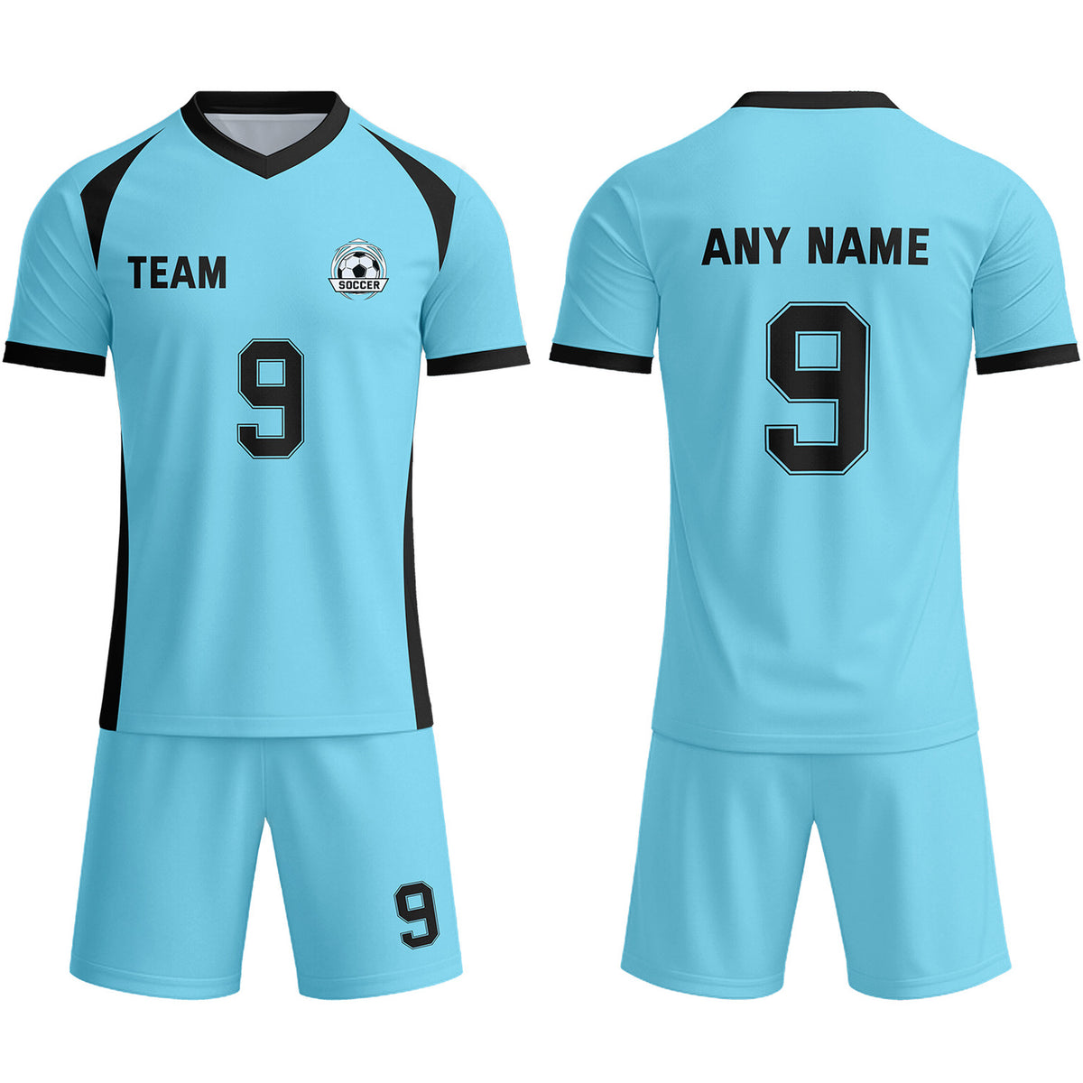Custom Light Blue &amp; Black Soccer Uniform Set - Personalized Team Name &amp; Number | Vosoli