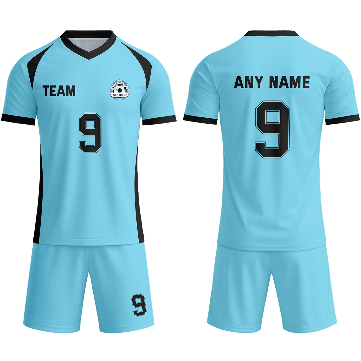 Custom Light Blue & Black Soccer Uniform Set - Personalized Team Name & Number | Vosoli