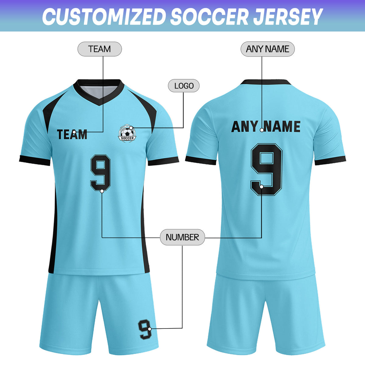 Custom Light Blue & Black Soccer Uniform Set - Personalized Team Name & Number | Vosoli
