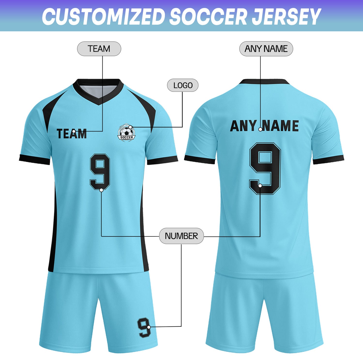 Custom Light Blue & Black Soccer Uniform Set - Personalized Team Name & Number | Vosoli