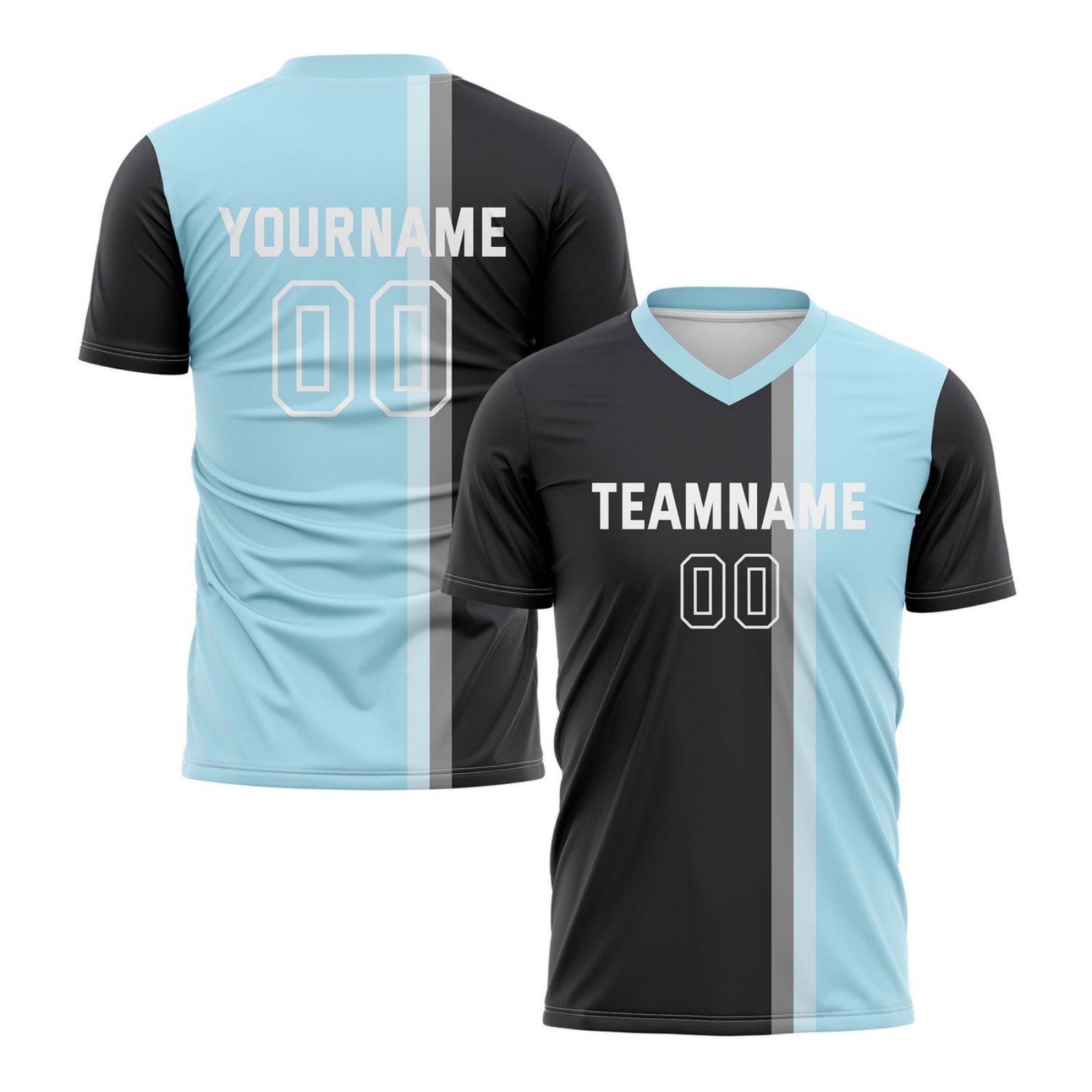 Custom Light Blue & Black Split Stripe Soccer Jersey for Teams & Individuals | Vosoli