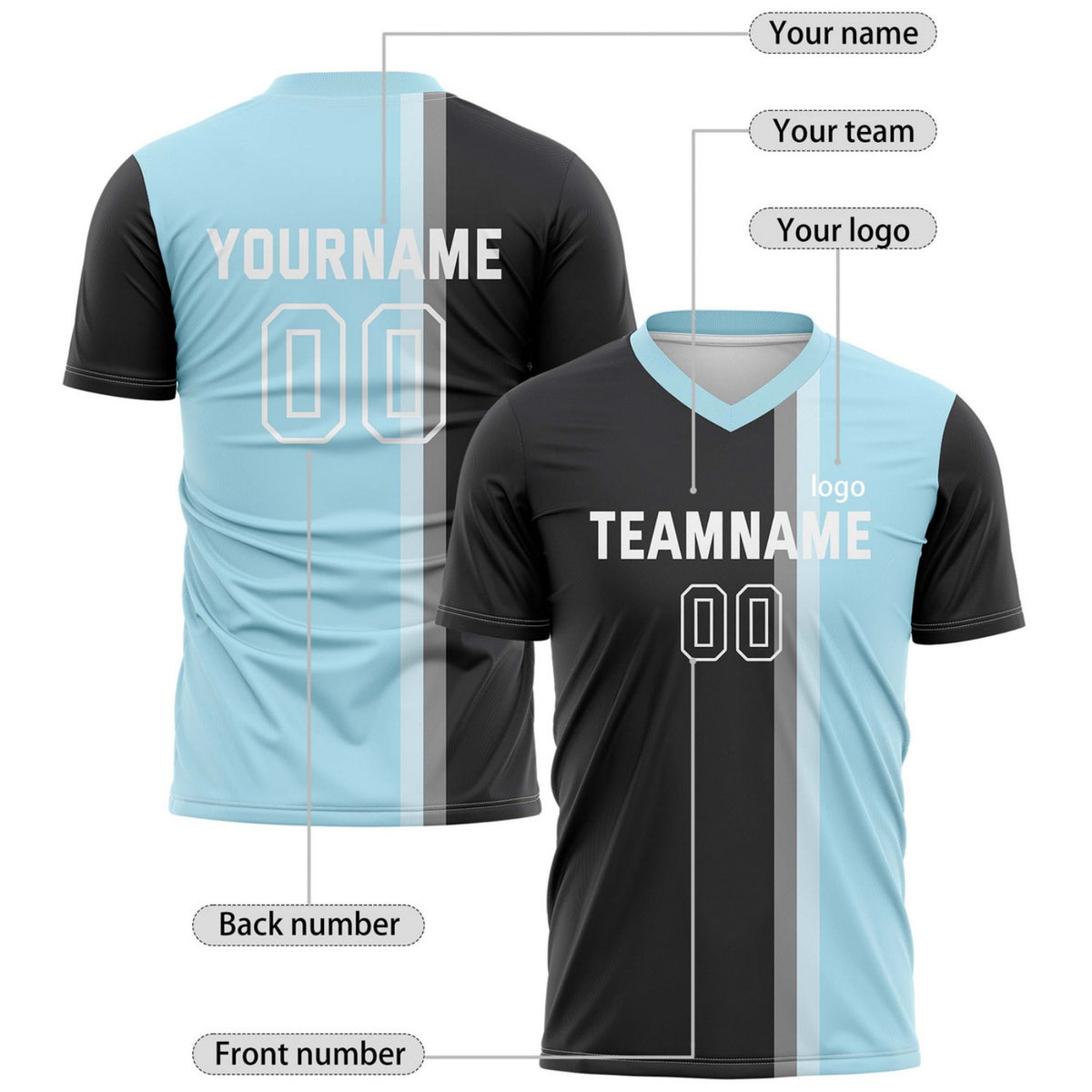 Custom Light Blue & Black Split Stripe Soccer Jersey for Teams & Individuals | Vosoli