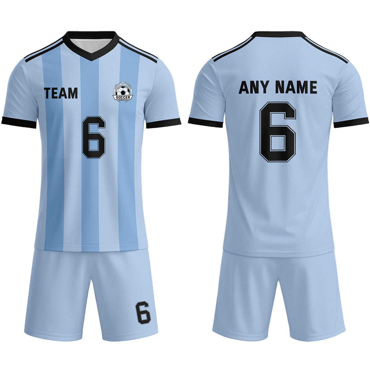 Custom Light Blue &amp; Black Striped Soccer Uniform Set for Teams &amp; Individuals | Vosoli