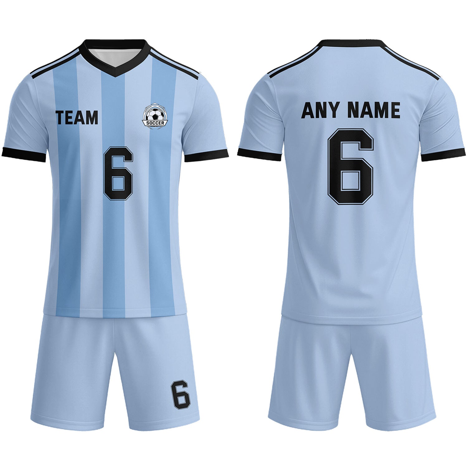 Custom Light Blue & Black Striped Soccer Uniform Set for Teams & Individuals | Vosoli
