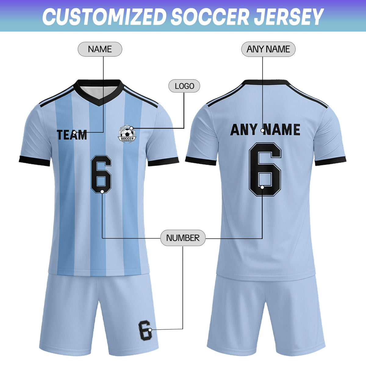 Custom Light Blue & Black Striped Soccer Uniform Set for Teams & Individuals | Vosoli