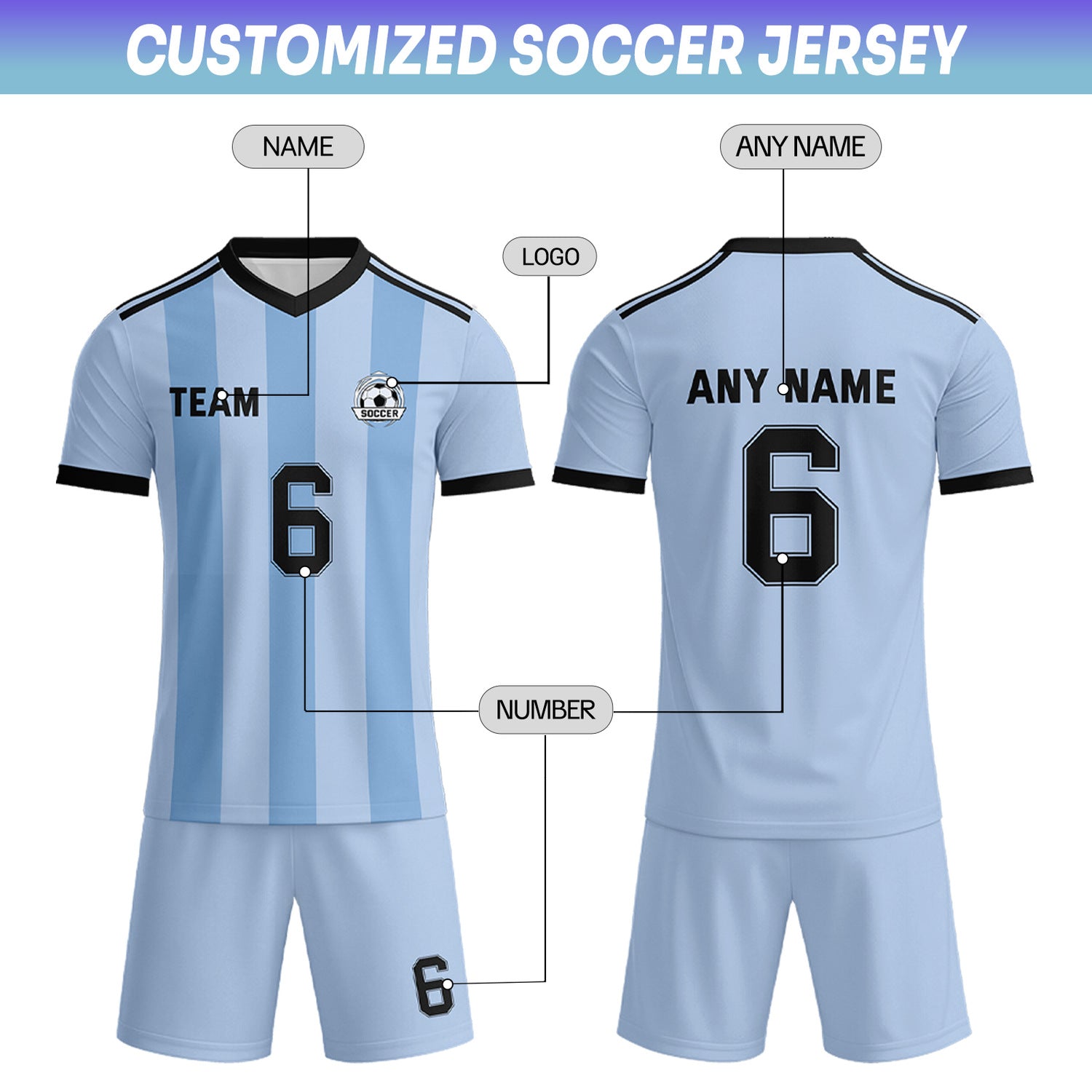 Custom Light Blue & Black Striped Soccer Uniform Set for Teams & Individuals | Vosoli