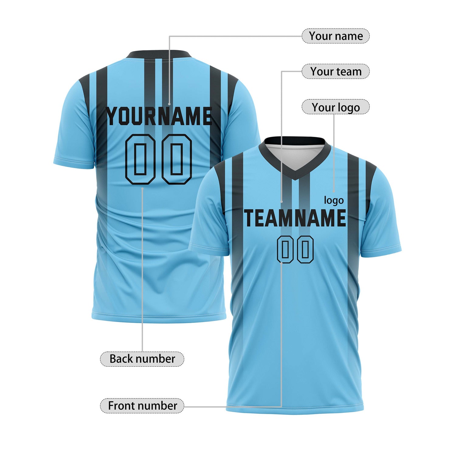 Custom Light Blue & Black Vertical Stripe Soccer Jersey for Teams & Individuals | Vosoli