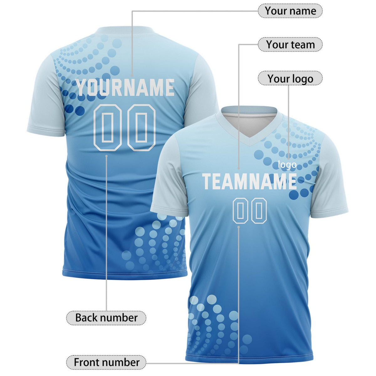 Custom Light Blue & Navy Dot Pattern Ombre Soccer Jersey for Teams & Individuals | Vosoli