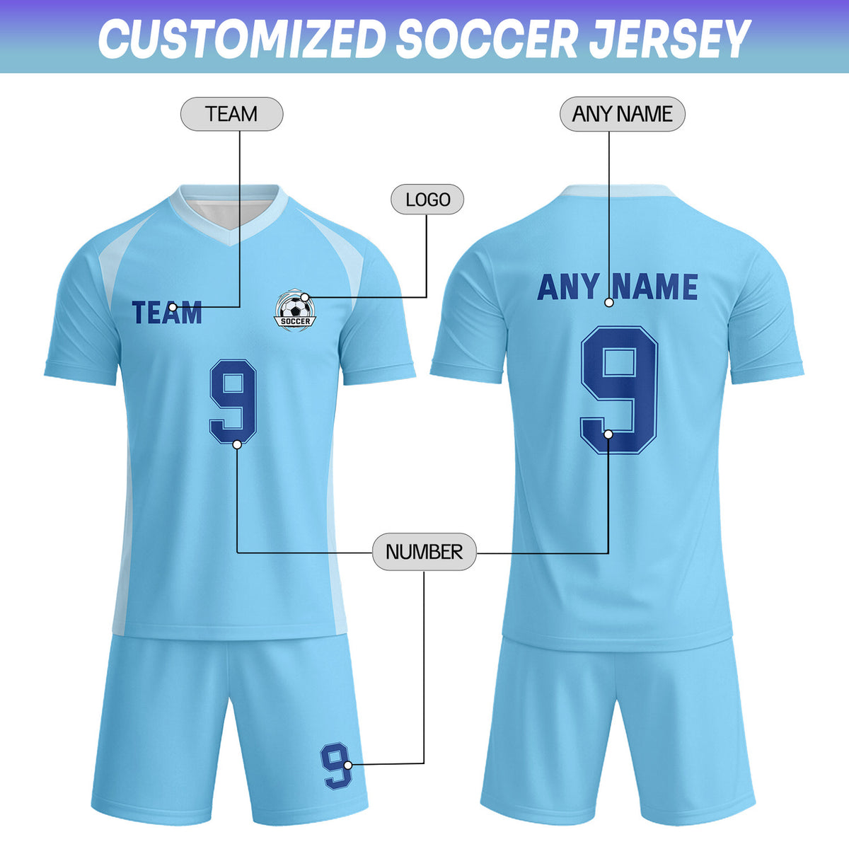 Custom Light Blue & Navy Soccer Uniform Set - Personalized Team Name & Number | Vosoli