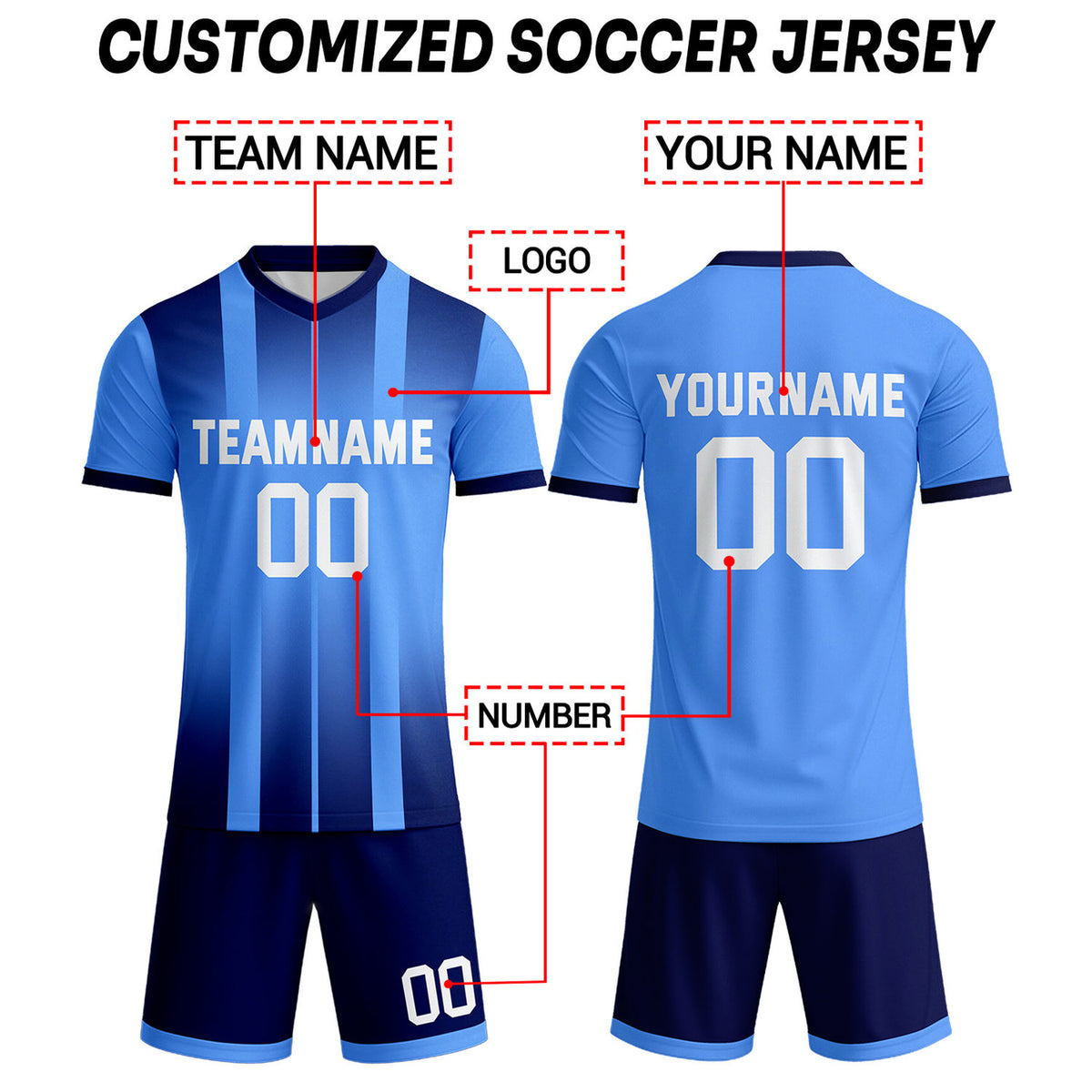 Custom Light Blue & Navy Stripe Gradient Soccer Uniform Set for Teams & Individuals | Vosoli