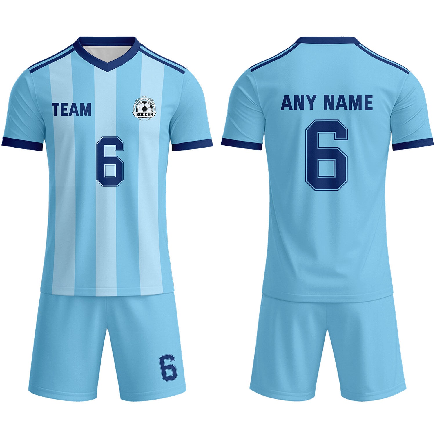 Custom Light Blue & Navy Striped Soccer Uniform Set for Teams & Individuals | Vosoli