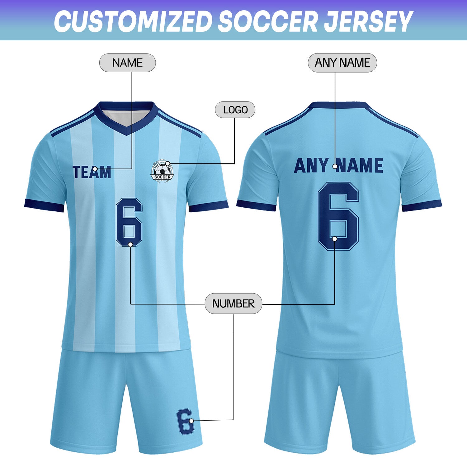 Custom Light Blue & Navy Striped Soccer Uniform Set for Teams & Individuals | Vosoli