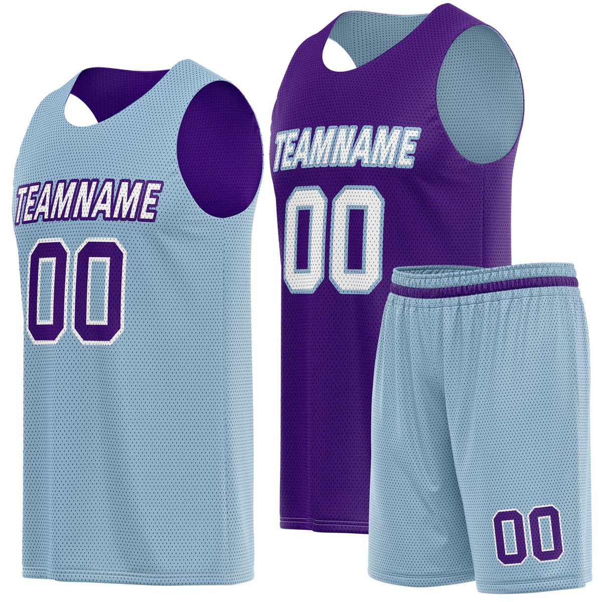 Custom Reversible Basketball Jersey &amp; Shorts Set for Individuals &amp; Teams – Light Blue Purple | Vosoli