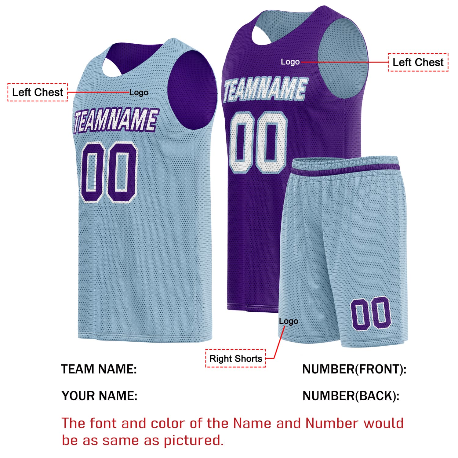 Custom Reversible Basketball Jersey & Shorts Set for Individuals & Teams – Light Blue Purple | Vosoli