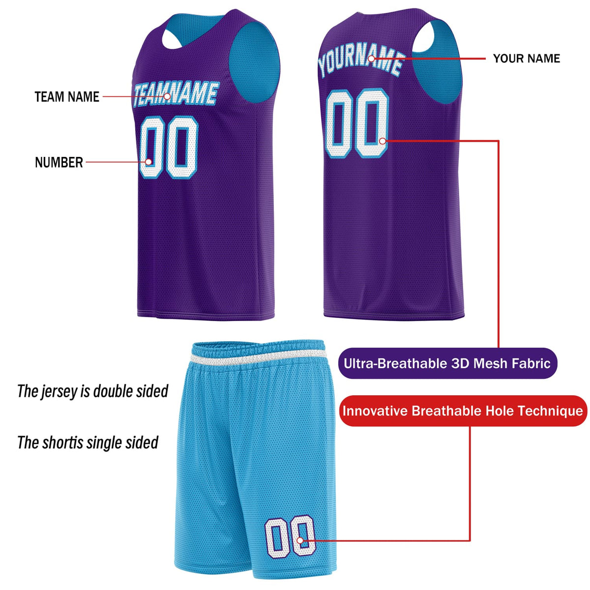 Custom Reversible Basketball Jersey & Shorts Set for Individuals & Teams – Light Blue Purple White | Vosoli