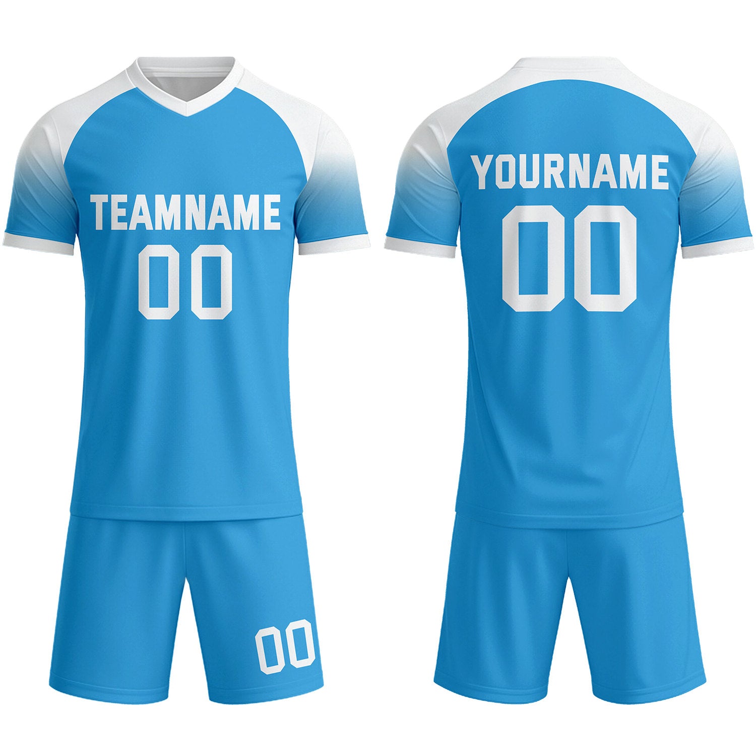 Custom Light Blue & White Raglan Sleeve Soccer Uniform Set for Teams & Individuals | Vosoli