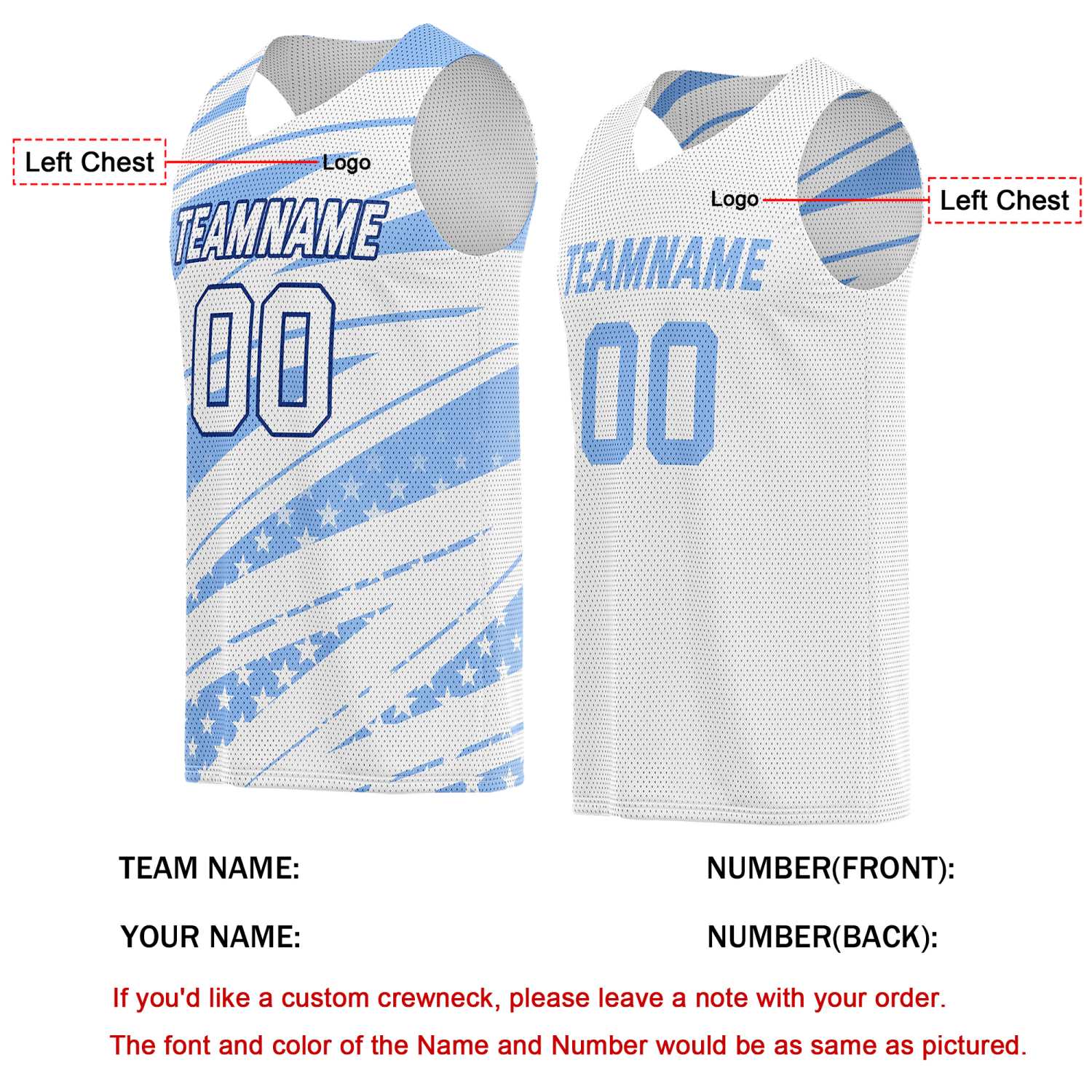 Custom Reversible Basketball Jersey for Individuals & Teams – Light Blue White Star Stripe | Vosoli