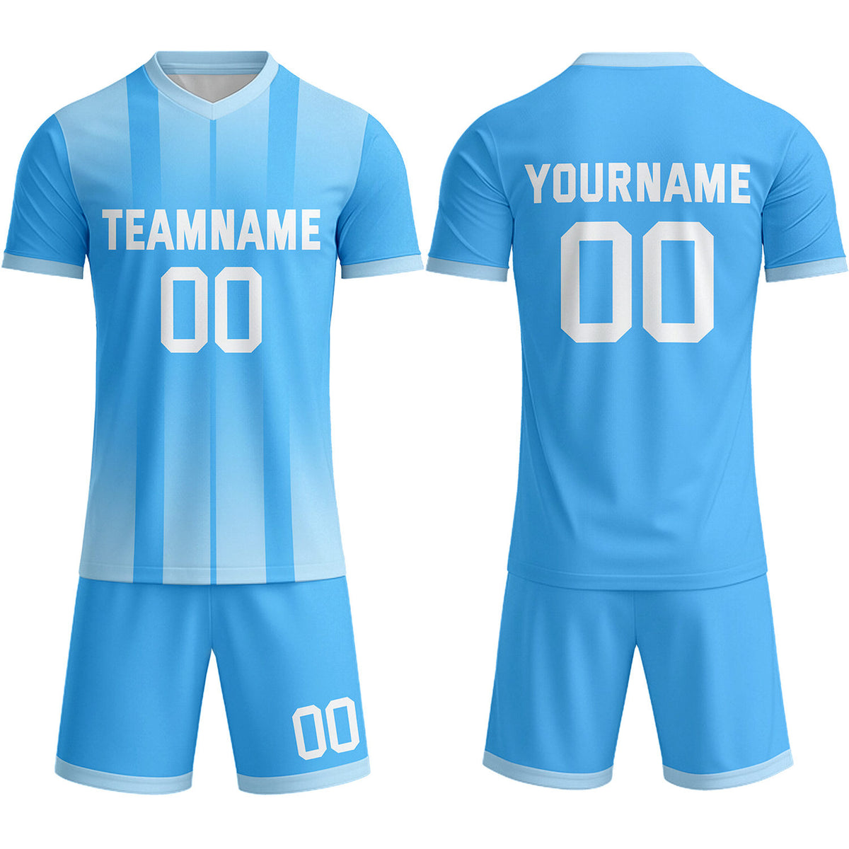 Custom Light Blue &amp; White Stripe Gradient Soccer Uniform Set for Teams &amp; Individuals | Vosoli