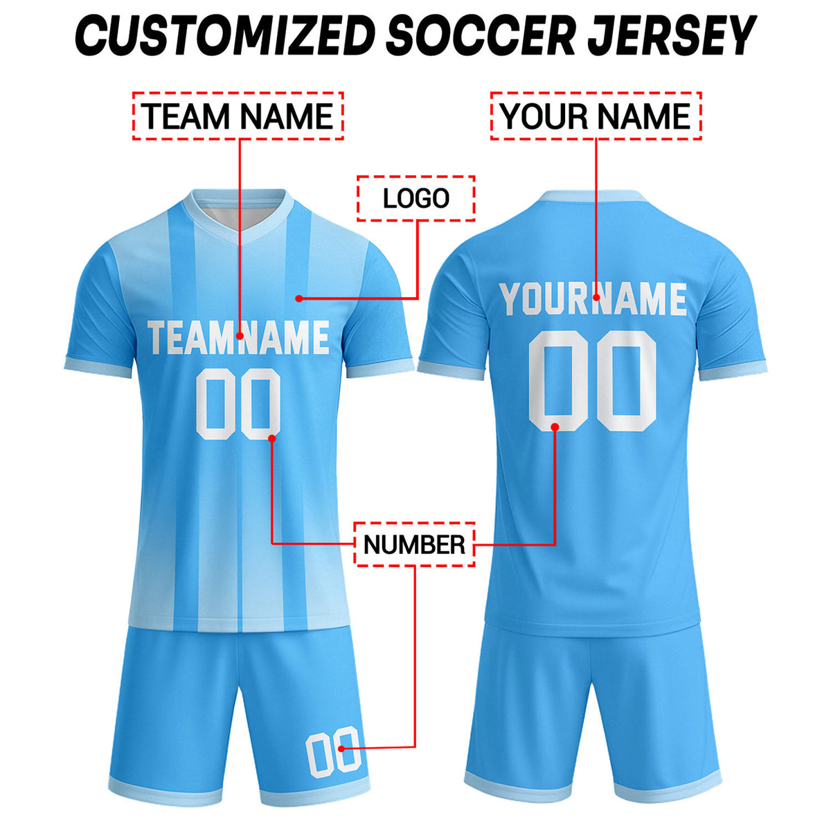 Custom Light Blue & White Stripe Gradient Soccer Uniform Set for Teams & Individuals | Vosoli