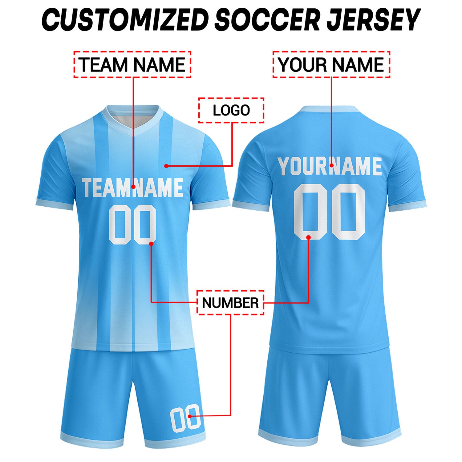 Custom Light Blue & White Stripe Gradient Soccer Uniform Set for Teams & Individuals | Vosoli