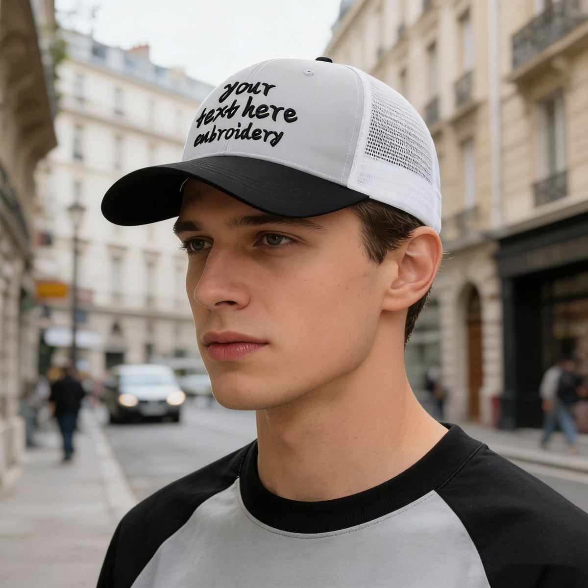 Vosoli Light Gray &amp; Black Two-Tone Baseball Trucker Hat - Unisex Custom 3D Embroidery or Print