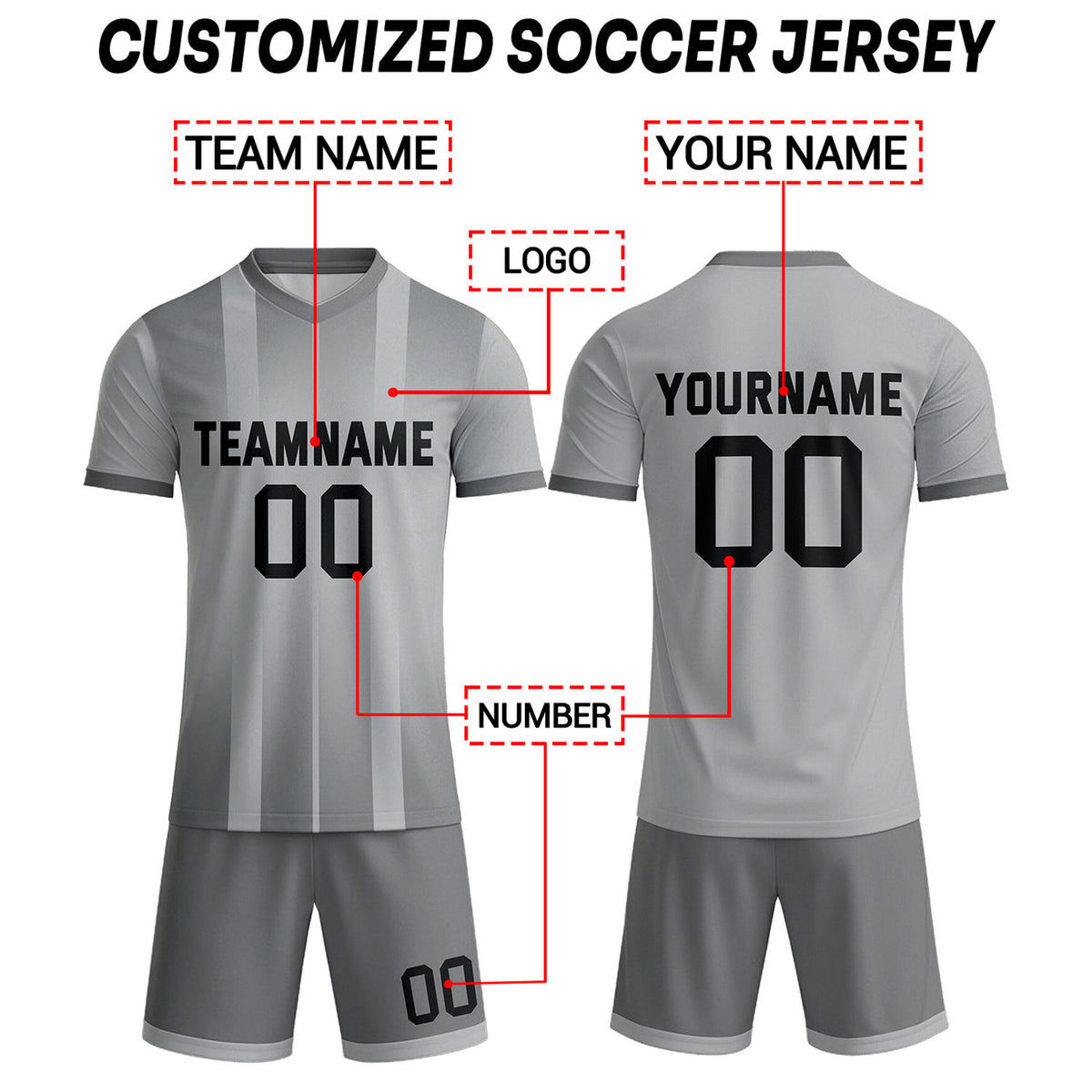 Custom Light Grey Ombre Stripe Soccer Uniform Set for Teams & Individuals | Vosoli