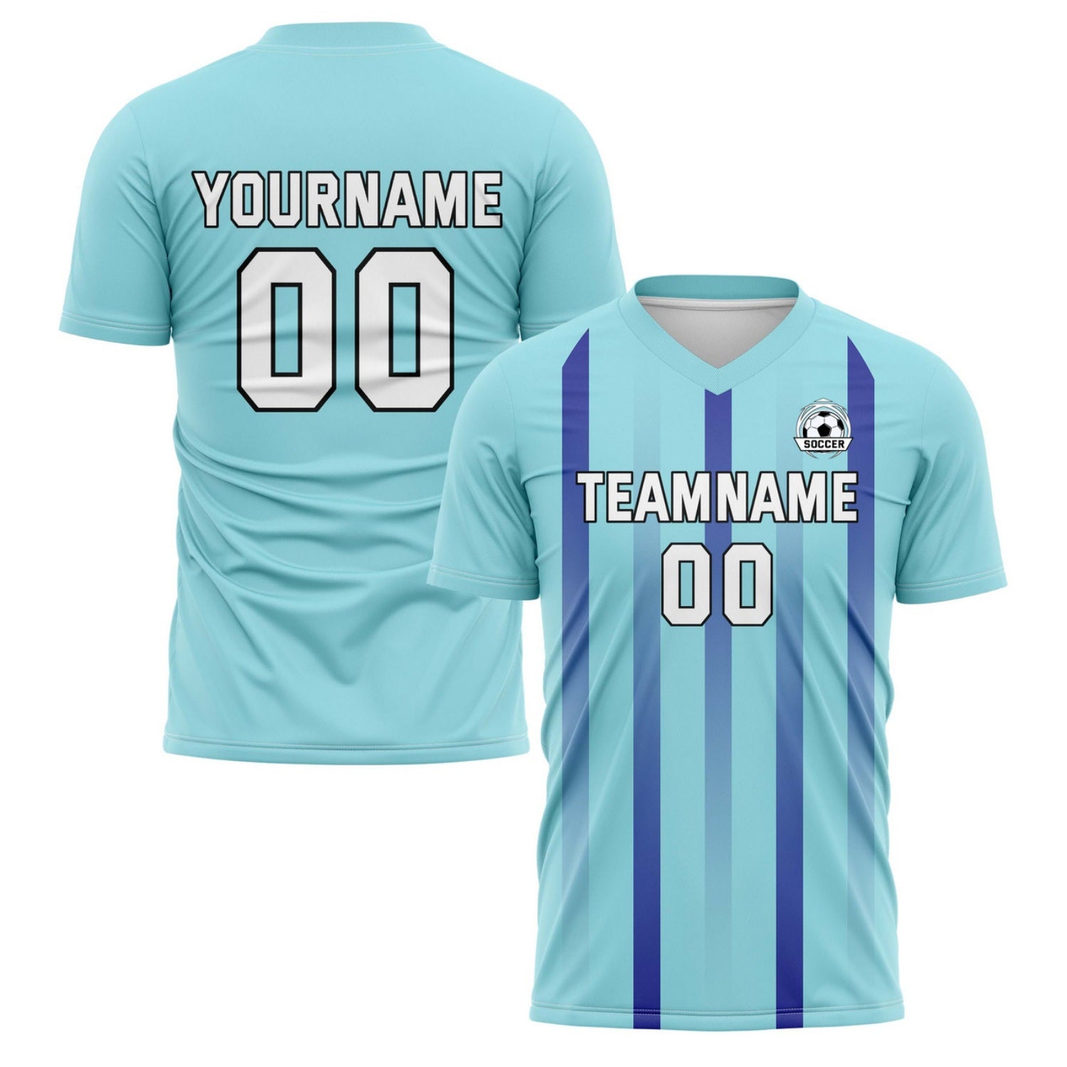 Custom Light Teal & Dark Blue Stripe Soccer Jersey - Personalized Team Name & Player Number for Leagues | Vosoli
