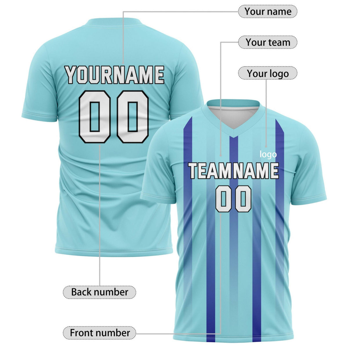 Custom Light Teal & Dark Blue Stripe Soccer Jersey - Personalized Team Name & Player Number for Leagues | Vosoli