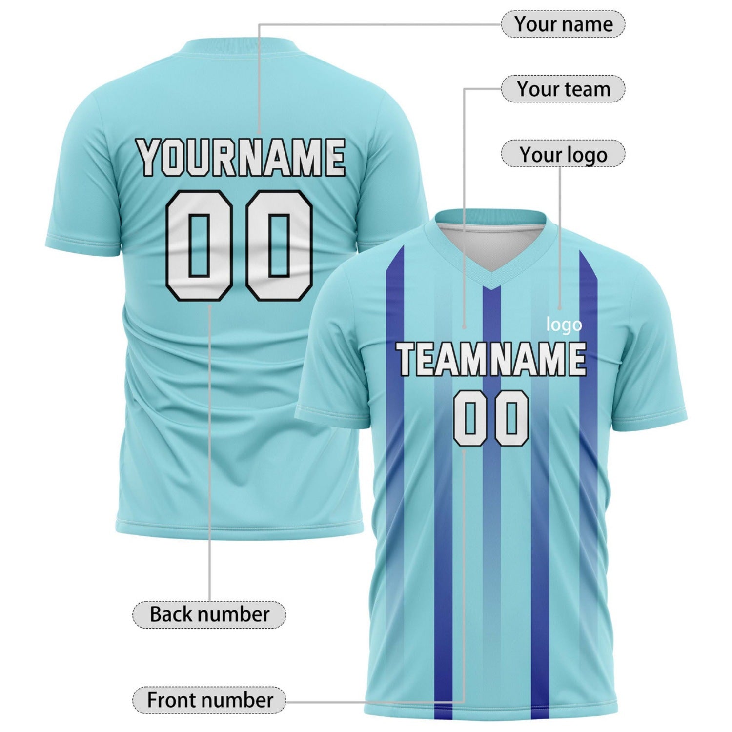 Custom Light Teal & Dark Blue Stripe Soccer Jersey - Personalized Team Name & Player Number for Leagues | Vosoli