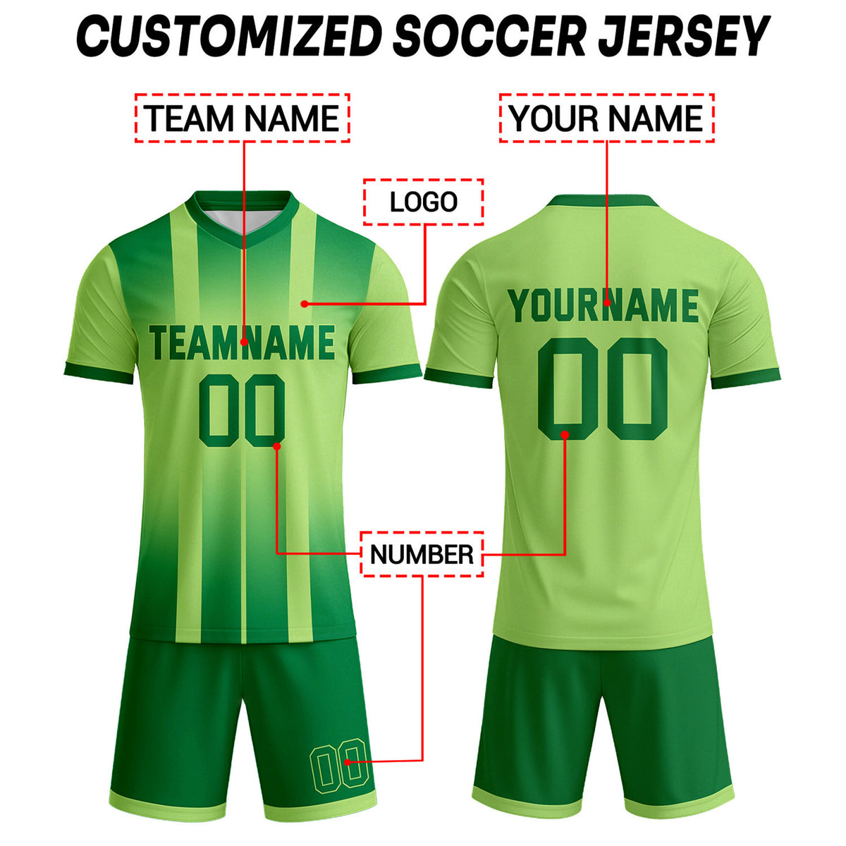 Custom Lime Green & Forest Green Stripe Gradient Soccer Uniform Set for Teams & Individuals | Vosoli