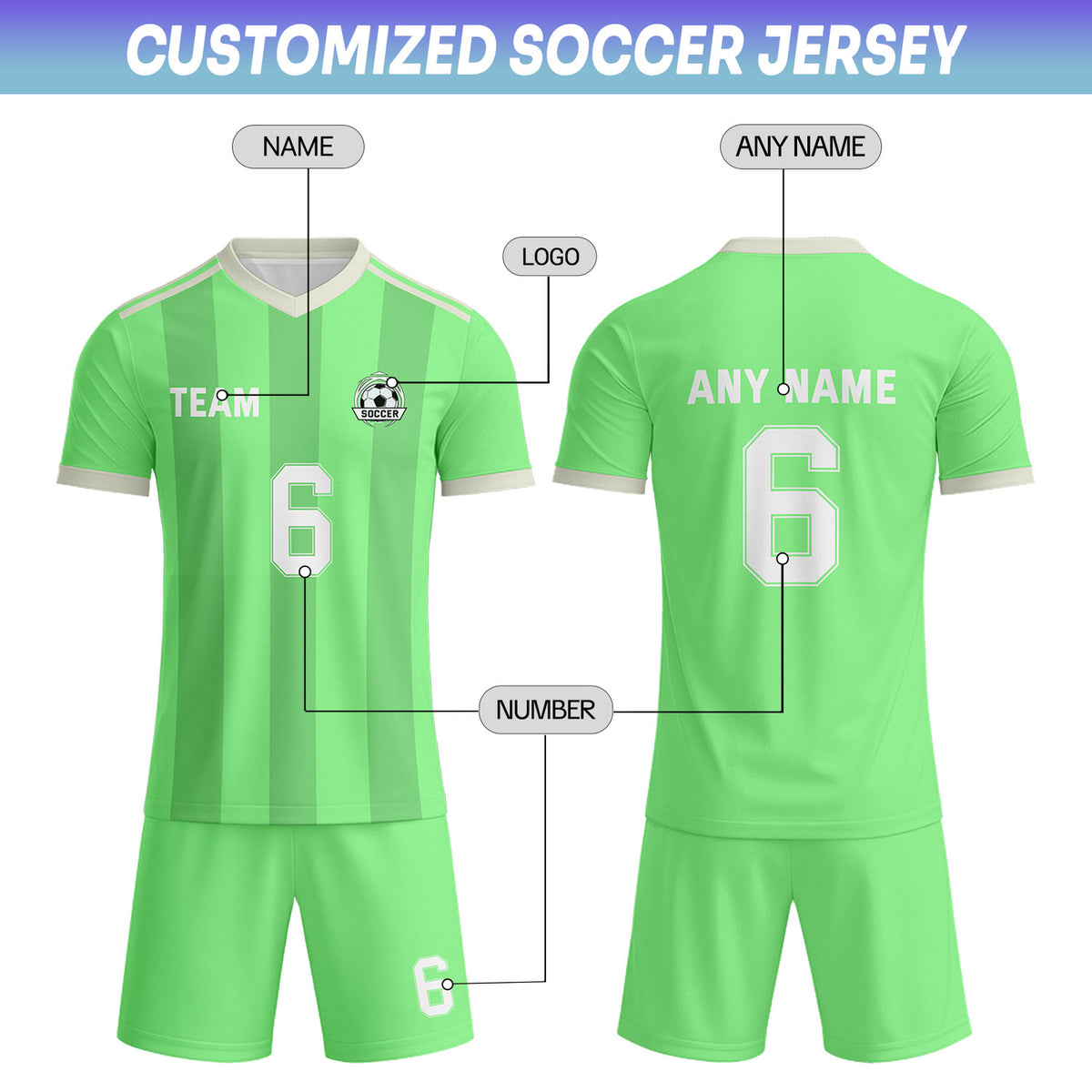 Custom Lime Green & White Striped Soccer Uniform Set for Teams & Individuals | Vosoli